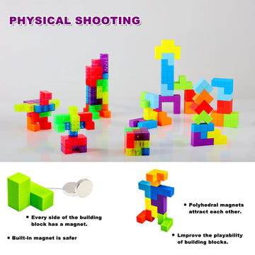 Ouxia Magnetic Building Blocks Magic Magnetic 3D Puzzle Cubes, Set Of 7 Multi Shapes Magnetic Blocks With 54 Guide Cards