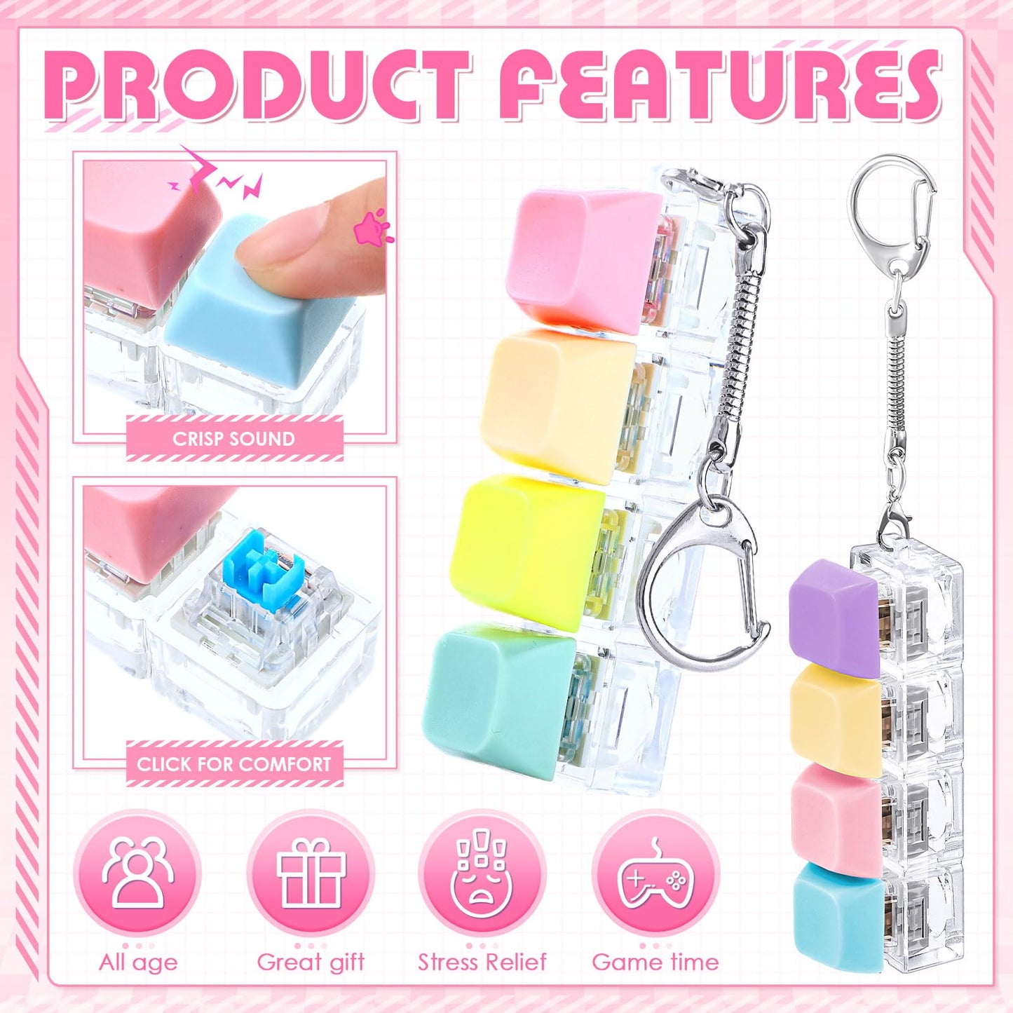 Halloscume 4 Pcs Keyboard mature-themed Fidget Toy Clicker Toy 4-in-1 Keyboard Fidget Keychain Cube Mechanical Key Button Clicker Stress Relief Gift for Office School Home to Pass The Time (Pastel Colors)