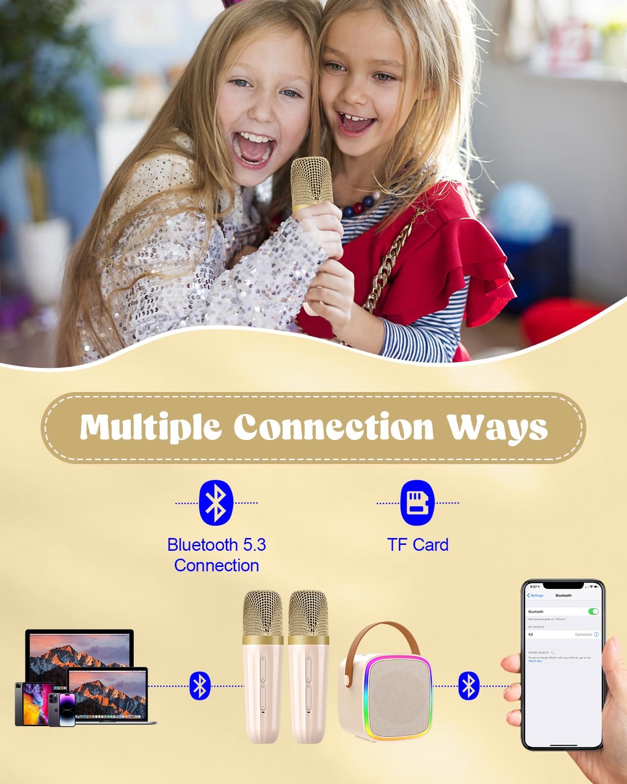 Texpot Mini Karaoke Machine With 2 Wireless Microphones, Kids Toys Portable Bluetooth Speaker For Kids Adults Toddler, Christmas