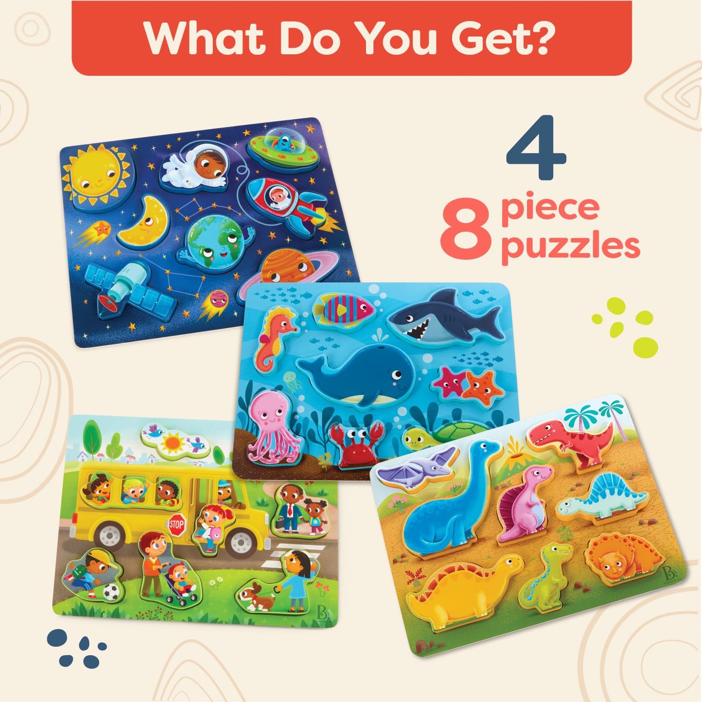 B. Toys- Peek & Explore 4-Pack: Bus, Sea, Space, Dino- Chunky Puzzle 4-Pack – Wooden Puzzles – Sea, Space, Bus, Dinos – 8 Pieces Each – 2 Years +