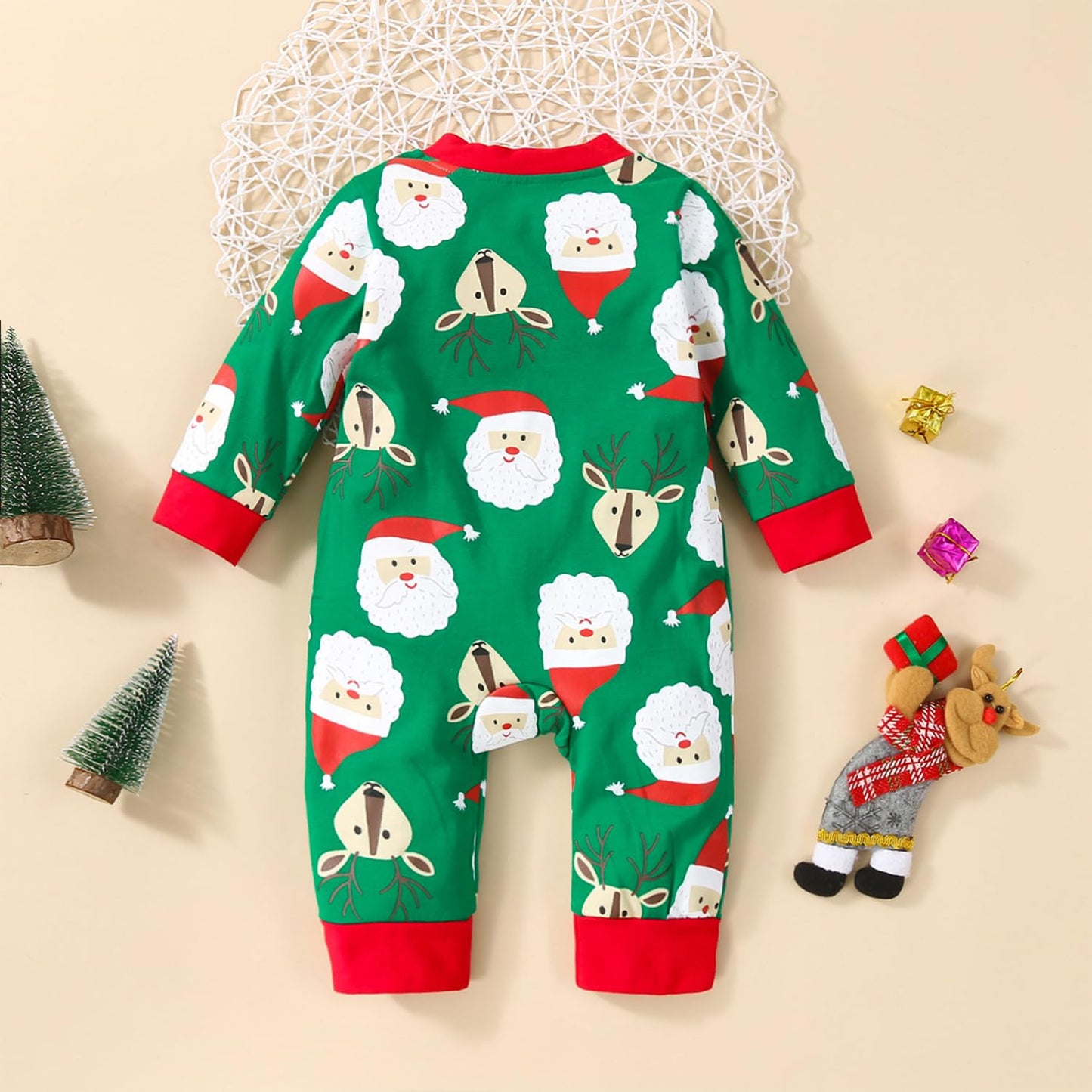 Fancyinn Infant Newborn Boy Girl Christmas Costume Xmas Long Sleeves Jumpsuit Elk Cosplay Zipper Romper Green Santa Claus 6-9Months