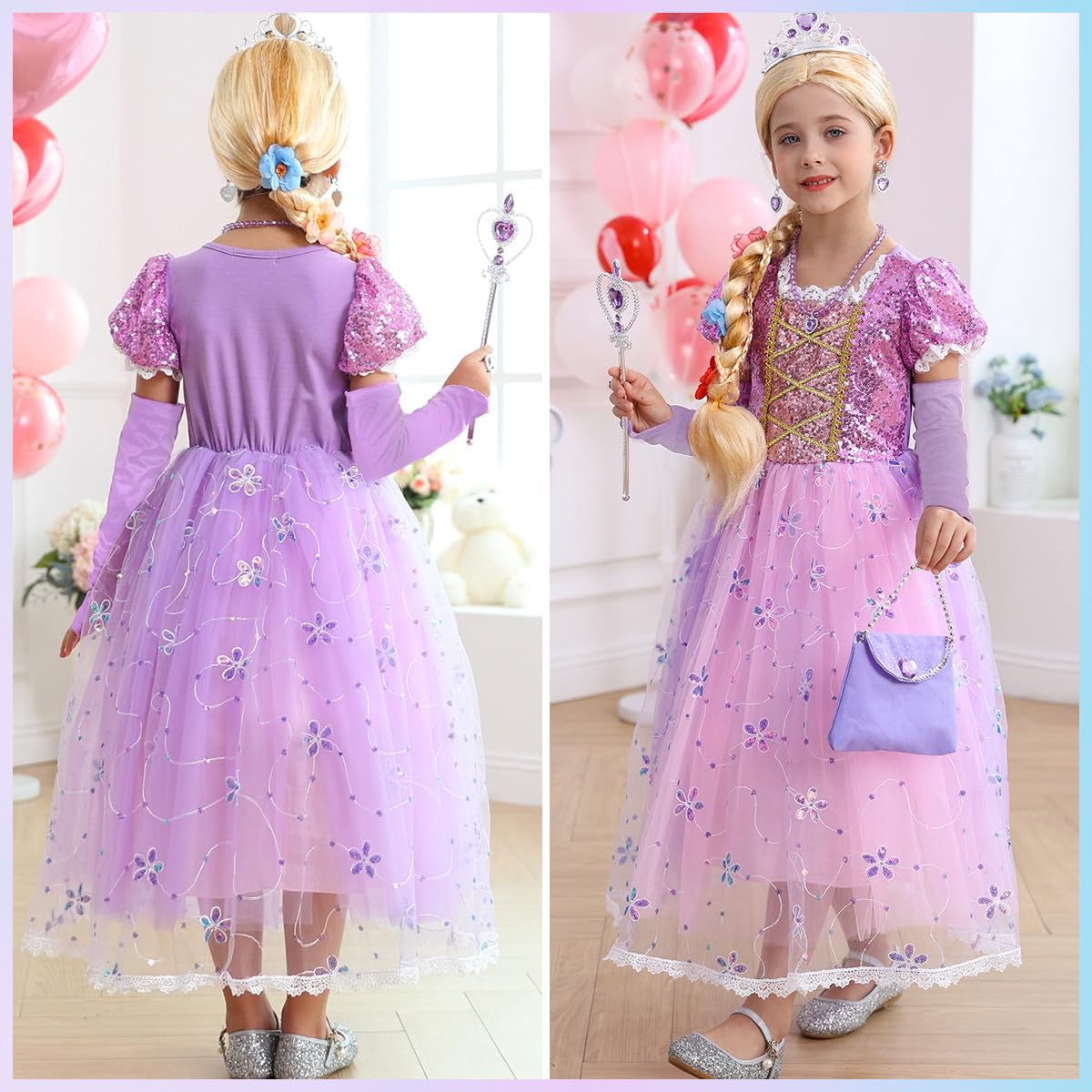 Luzlen Little Girls Princess Costume Rapunzel Dress For Kids Carnival Halloween Party Christmas Fancy Purple Dress, 7-8 Years(Label 150)