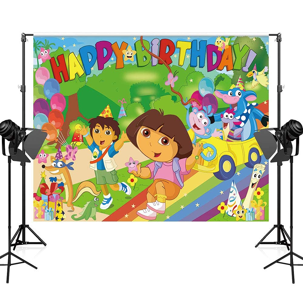 Maijoeyy Explorer Cartoon Theme Birthday Party Backdrop, 7x5ft Vinyl, Random Color, Model BY-201904023-D-XZ