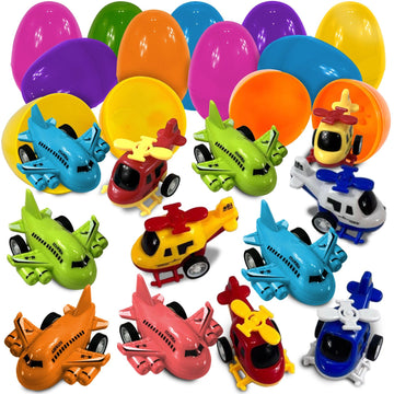 stargo 8 Pack Colorful Prefilled Easter Eggs with toys - mini Aircraft, pull-back Helicopters & Airplanes, Bright Plastic Easter