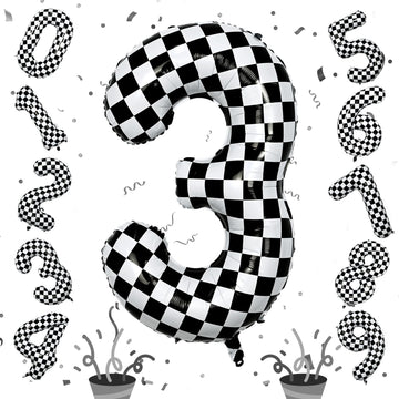 3Rd Birthday Number Balloons For Boys, 40 Inch Checkered Racing Foil 3 Balloons, Self Inflating Helium Black And White Big Numbe
