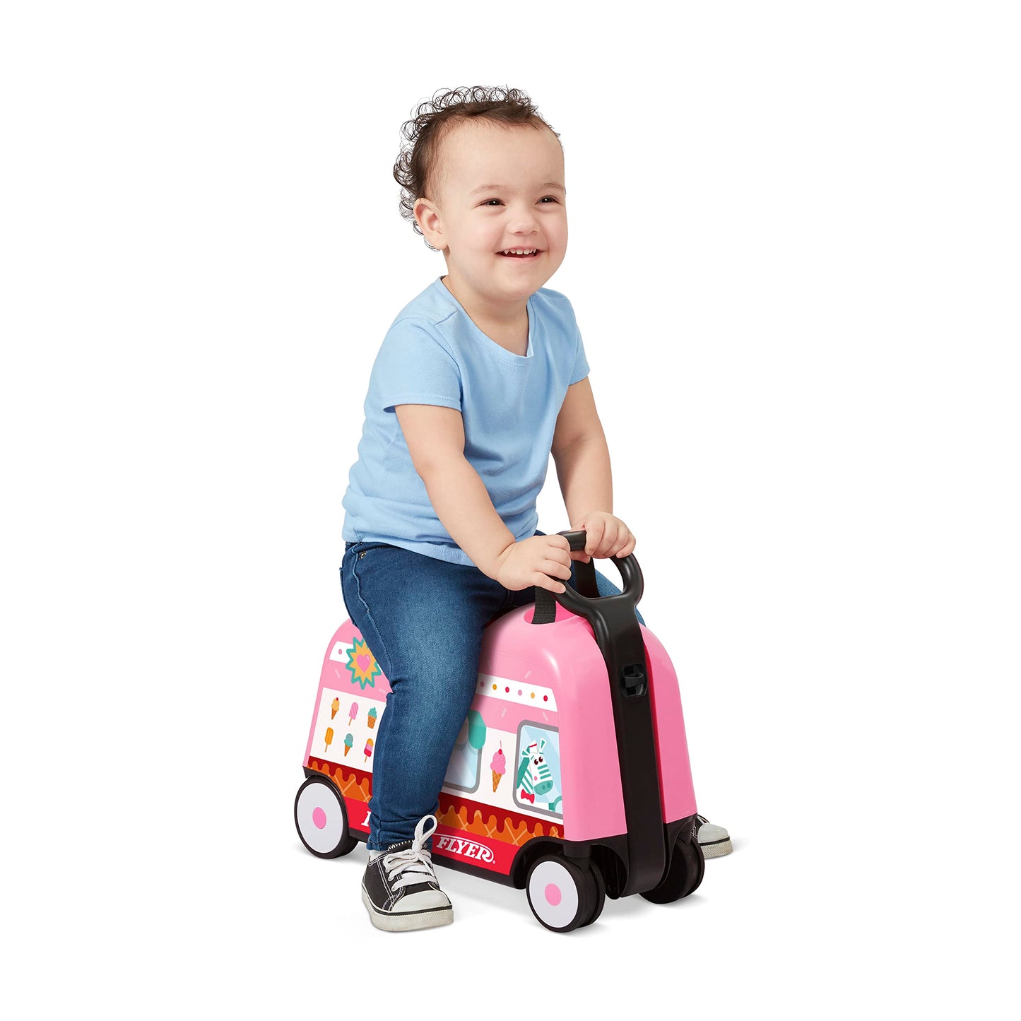 Toddler Carry-on Storage Ride-on Toy, 17-inch Long Radio Flyer 3-in-1 Happy Travler Ice Cream Truck, Ages 2-5 Years, Compact Sto