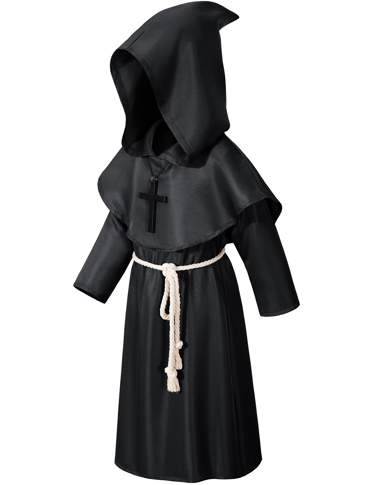 Kids Medieval Renaissance Monk Costume Priest Friar Wizard Cloak Hooded Robe Cosplay Costume Belt Necklace Set(BK 130)