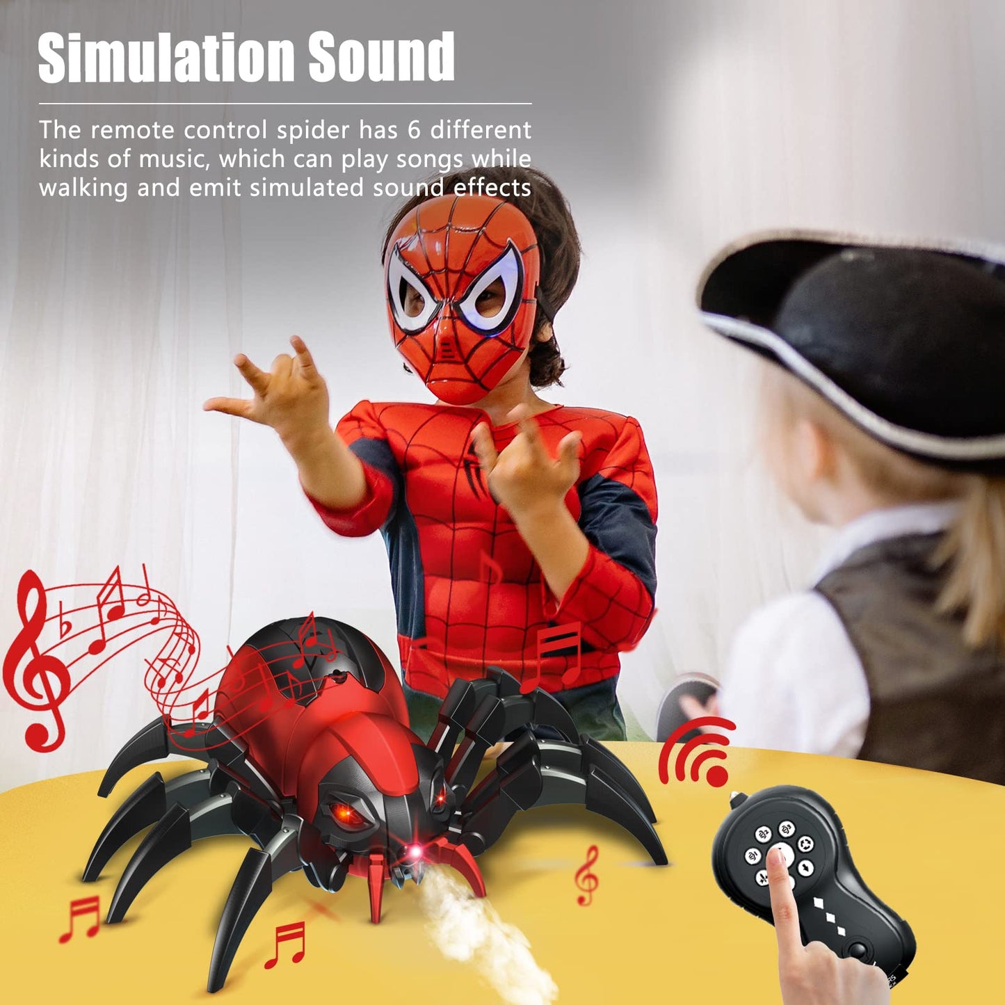 sumsync RC Spider Toy - Realistic Remote Control with Music & LED Light for Kids Age 3-12, Red