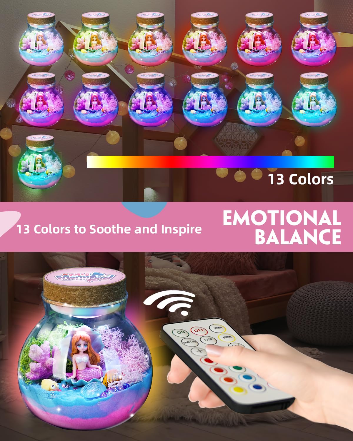 Light-Up Mermaid Terrarium Kit for Girls, DIY Arts & Crafts Gift for Girls Ages 4-6 7 8-12 Year Old, LED Night Light with Remote