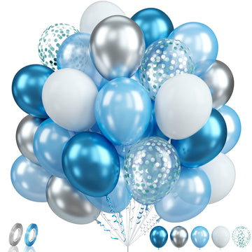 Biapian Blue White Balloons Set, 60Pcs Blue Silver Birthday Balloons, 12Inch Blue And White Latex Balloons Metallic Silver Blue