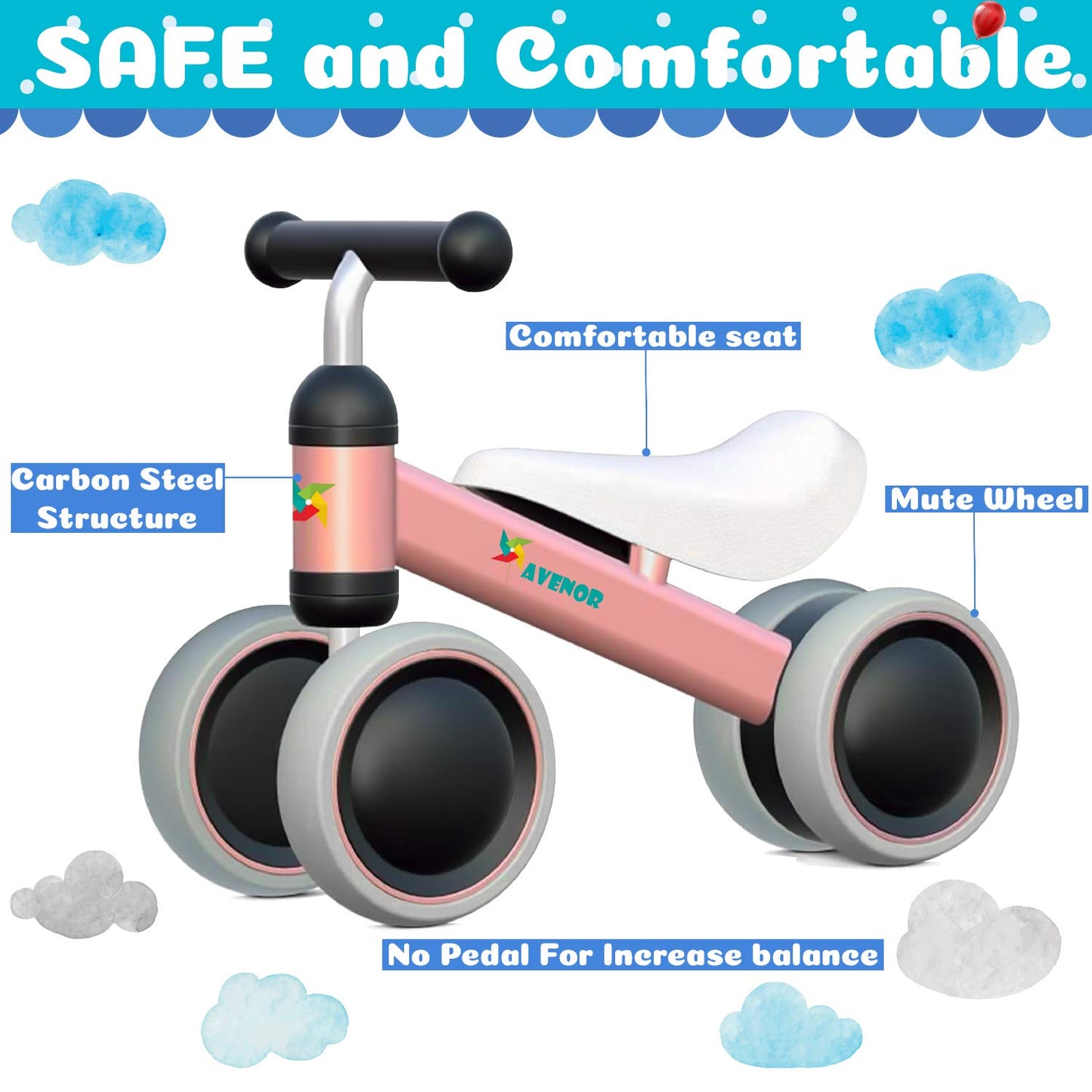 Avenor Baby Balance Bike - Pink - 4 Wheels, Carbon - HXC01-TMM - Ideal for 1-2 Years Old Kids, Perfect First Birthday Gift