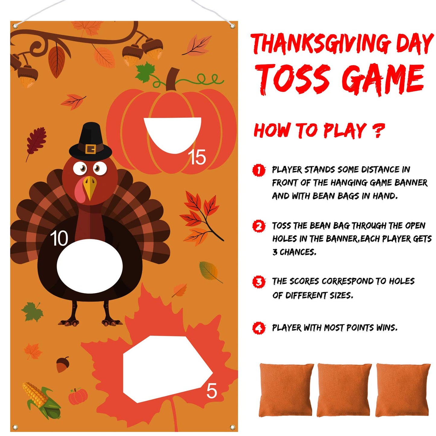 Tifeson Thanksgiving Games - Thanksgiving Bean Bag Toss Game With 3 Bean Bags For Kids Adults - Turkey Hanging Toss Game Banner Fall Thanksgivng Decorations Supplies