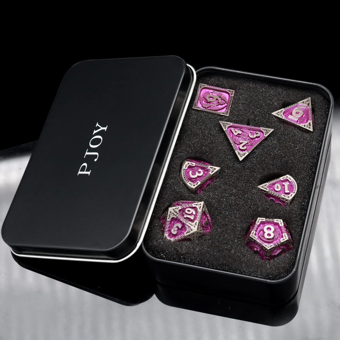 Pjoy Metal Dnd Dice Set With Dice Case Antique Silver Purple Dragon D&D Polyhedral Dice For Rpg Role Playing Games Dungeons And
