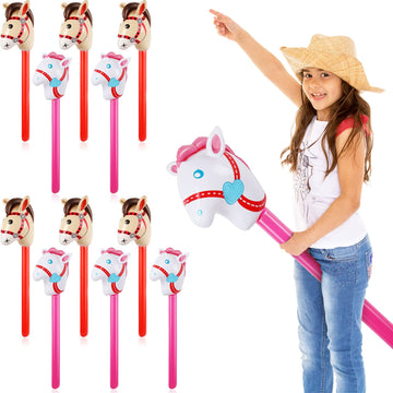 Chivao 12 Pieces Inflatable Stick Horse Cute Horse Head Stick Blow Up Balloon Colorful Cowboy Cowgirl Party Decorations For Themed Birthday Party(Pink And Red)