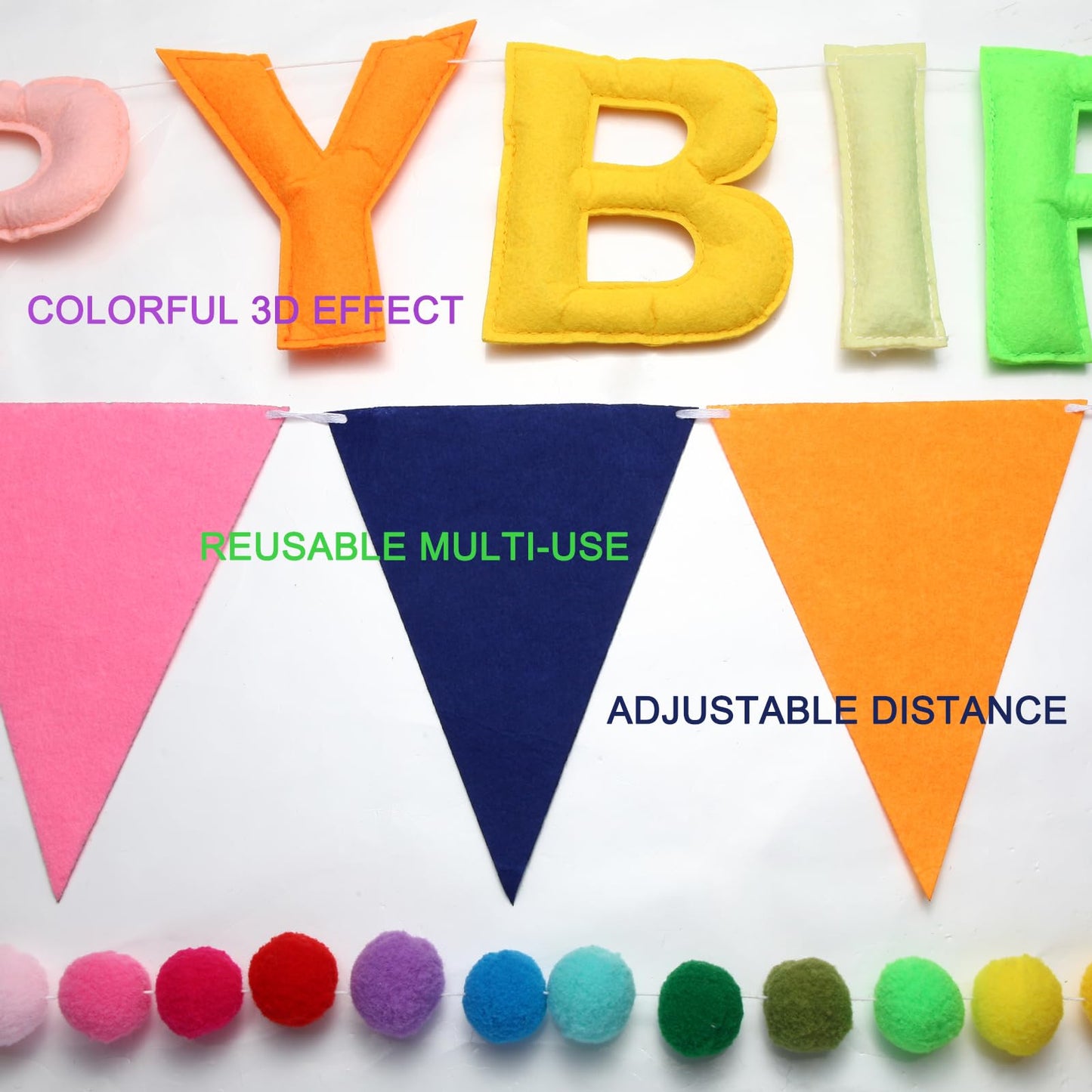 Pre-Strung Happy Birthday Banner, Felt Ball Garland HAPPY BIRTHDAY Garland, Rainbow Birthday Decorations Birthday Decor Party Pe