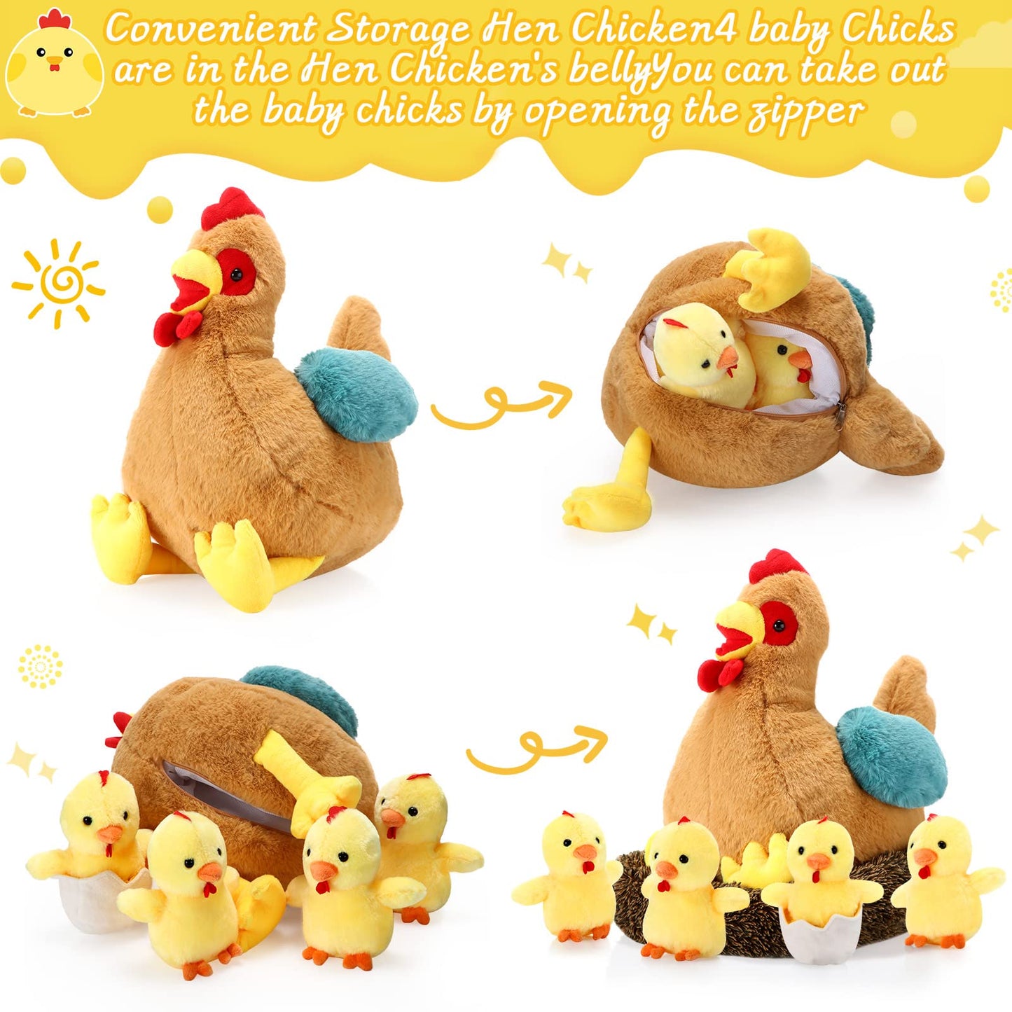 Skylety Chicken Stuffed Animal Plush Toy - Egg Laying Hen with Zippered Belly, 9.84" Size, Pack of 6, Perfect for Easter Party Supplies