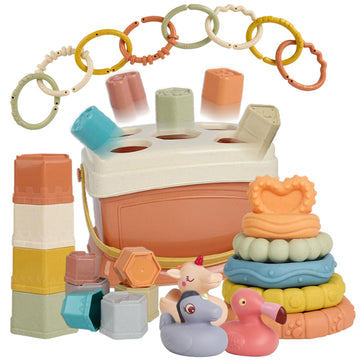 Byfwh 5 In 1 Montessori Baby Toys For 6-48 Months,Shape Sorters Stacking Cups,Rings Toy Links,Soft Stacking Rings,Blocks Set,Sof