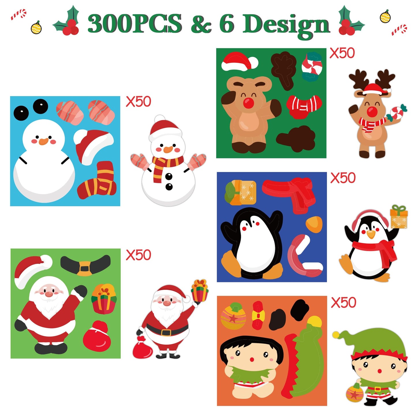 Haooryx 300PCS Christmas Make A Face Stickers Scene Roll Make Your Own Santa Snowman Face Sticker Craft Mix and Match DIY Sticke
