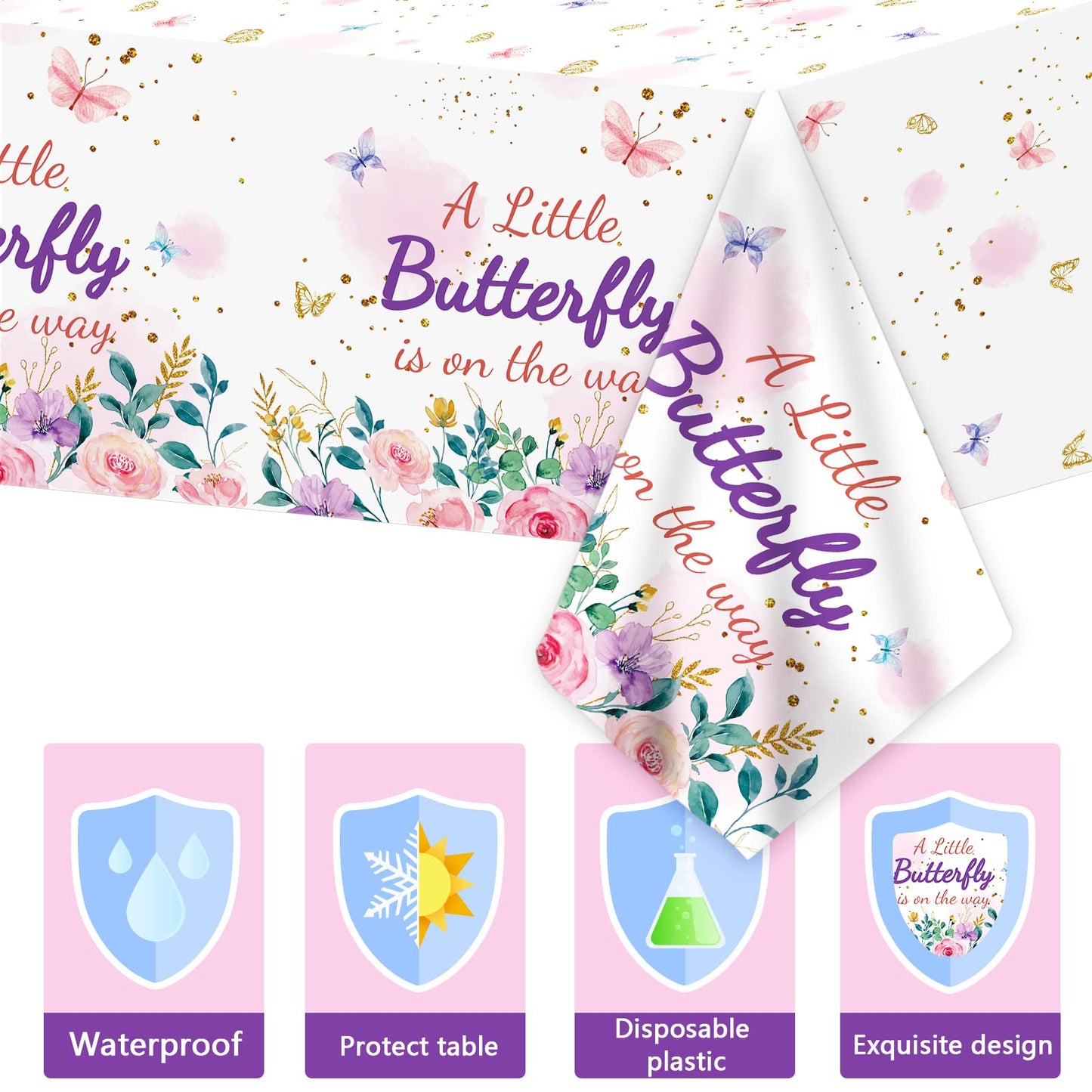 Obusatt 3Pcs Butterfly Baby Shower Party Tablecloth Supplies A Little Butterfly Is On The Way Baby Girl Party Disposable Plastic