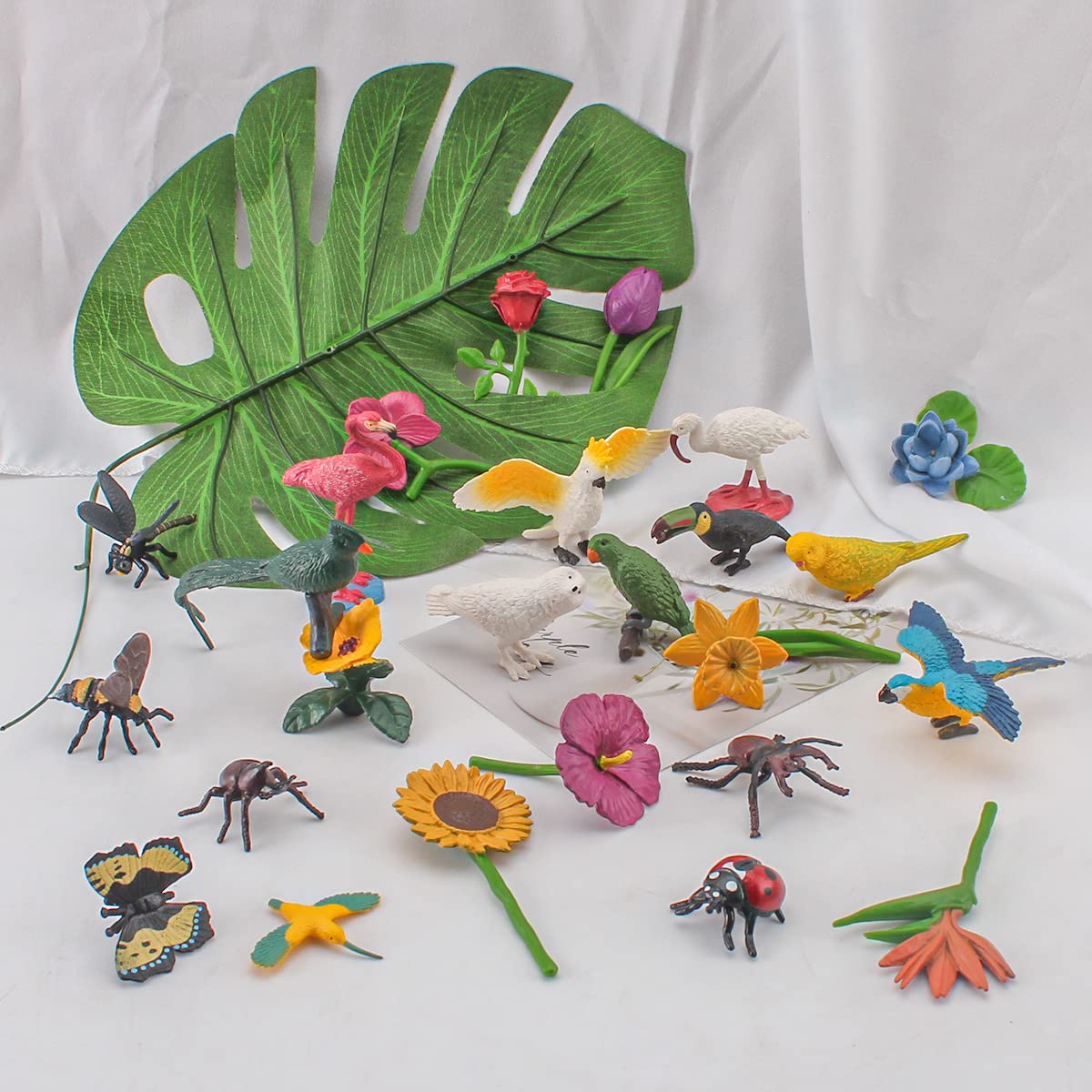 BRETOYIN 24PCS Realistic Bird Animals Figurines Plastic Flower Toys Mini Insect Toys Set for Toddlers Age 3+ Educational Project
