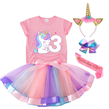 Tutu And Sian Unicorn Birthday Outfit For Girls - Unicorn Shirt, Tutu Skirt Dress, Birthday Girl Crown, Hair Bow & Satin Sash (Unicorn 3Y, 3 Years)