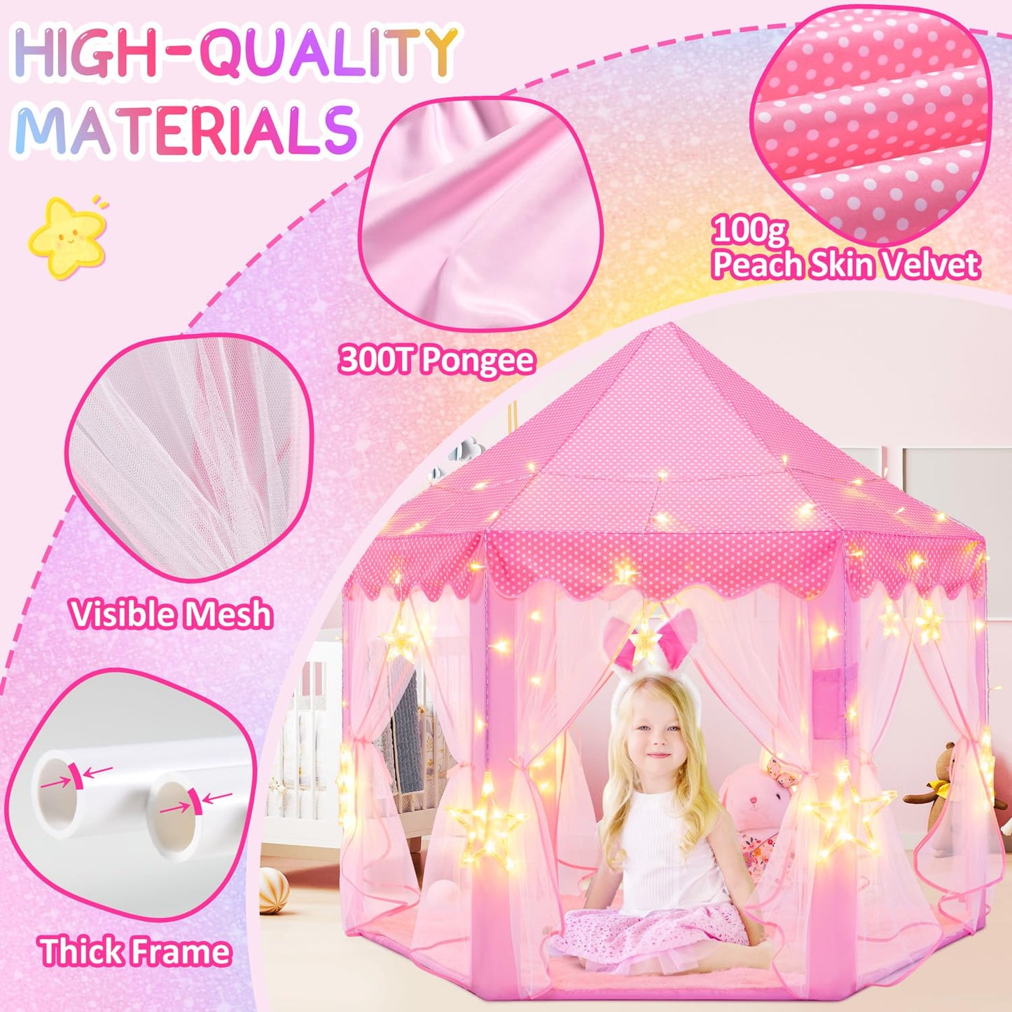 Evoionos Princess Tent For Girls, Castle Tent For Girls, Princess Castle Play Tent With Large Star Lights, Kids Tent Indoor Play