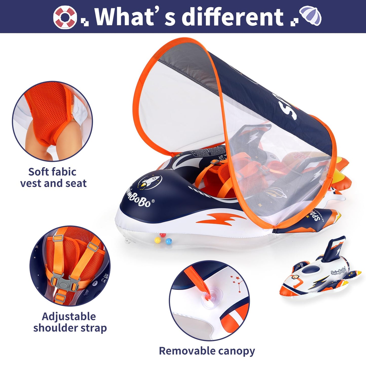 Swimbobo Baby Swimming Float Kids Inflatable Swim Ring with Safety Support Bottom Swimming Pool Accessories for 3-36 Months (Deep Blue Spaceship  Large)