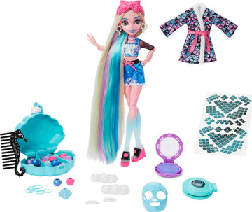 Monster High Lagoona Blue Doll Spa Day with Hair Clips, Chalk & Tattoos, Piccolo Size, Blue/Purple, Model HKY69