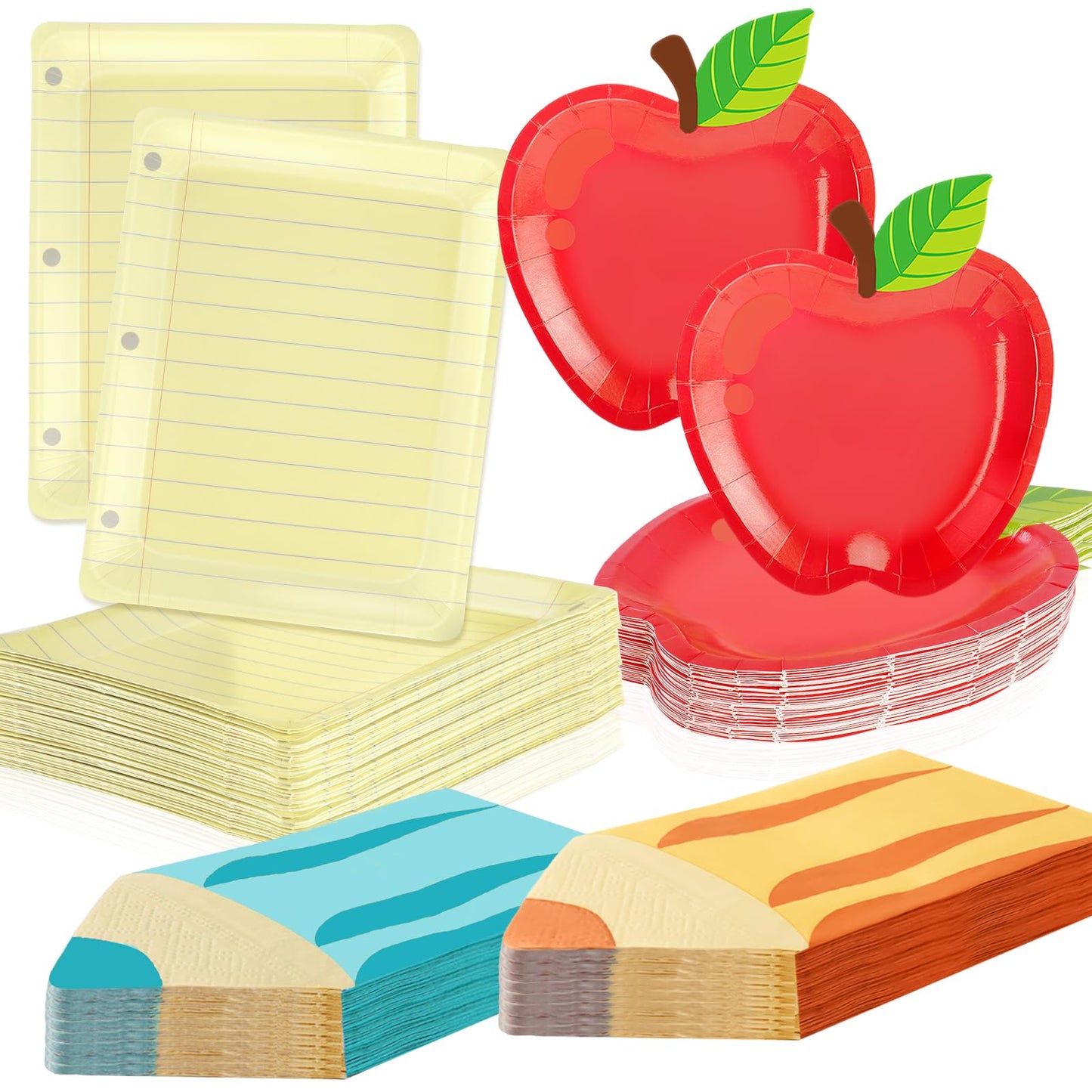 150Pcs Back to School Red Apple & Notebook Paper Plates with Pencil Napkins First Day of School Disposable Tableware Set for Gra