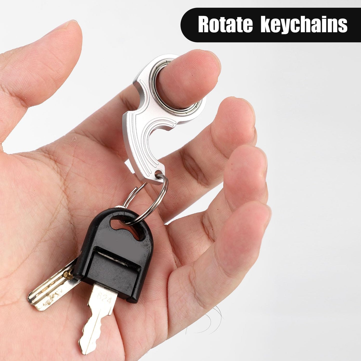 2Pcs Key Chain Spinner Toys 0.67' Inner Diameter With 2Pcs Key Rings, Finger Fidget Keychain Key Ring Spinner Toy Gifts For Kids Adults Finger Exercising Anxiety Relief (Black, Silver)