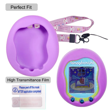 Xcivi Silicone Case Cover, Lanyard And Screen Protector Film For Tamagotchi Uni Virtual Interactive Pet Game Machine (Purple)