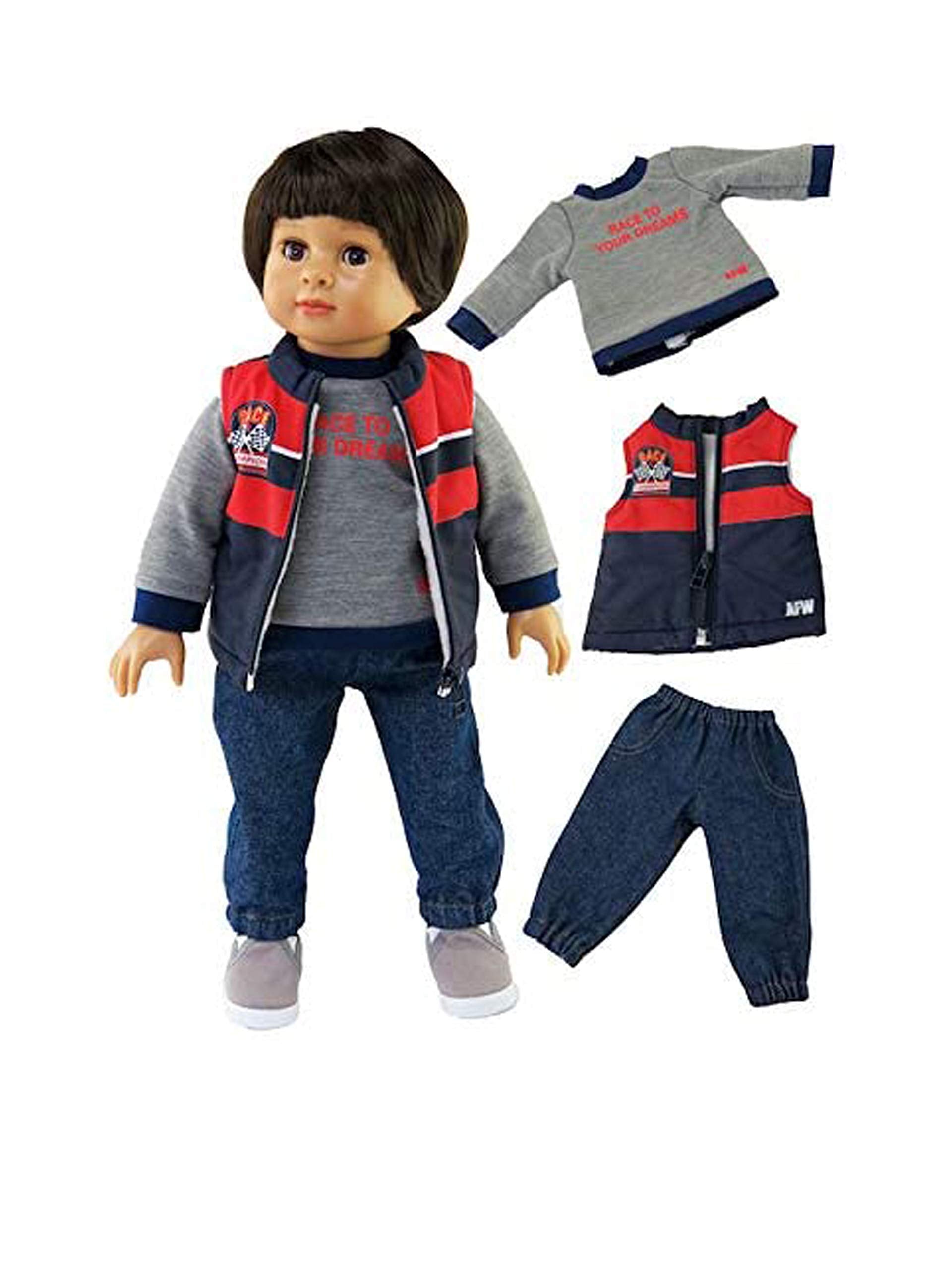 American Fashion World Boys 'Race to Your Dreams' 3 Piece Vest and Pants Set for 18-Inch Dolls | enhanced Quality & Trendy Design | Dolls Clothes | Outfit Fashions for Dolls for Popular Brands