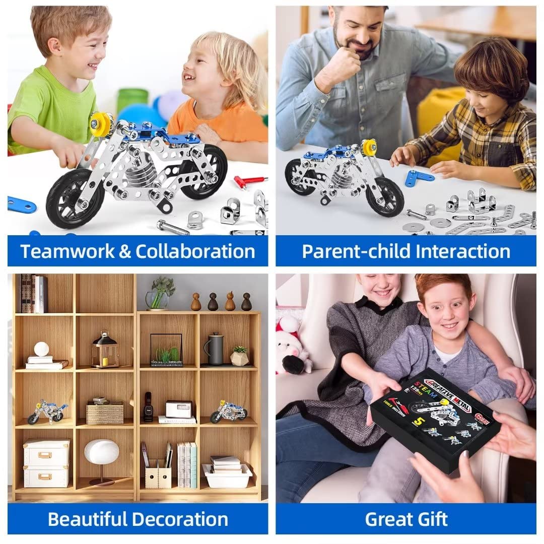 Ferthor Fun Motorcycle Erector Set, 139PCS Metal Building Blocks, STEM Toys for Kids 8-12, Model 1201, Blue