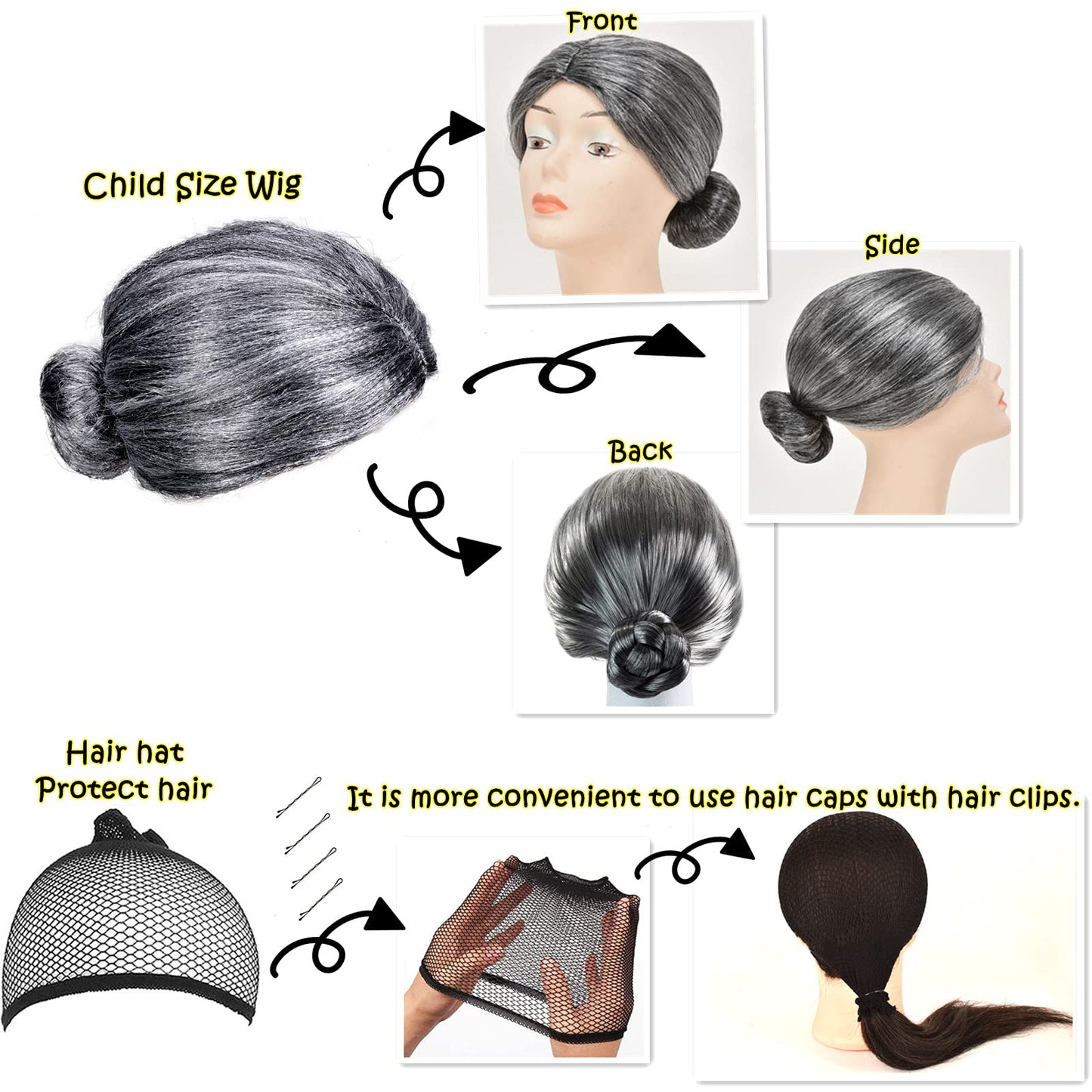 Aqx Old Lady Wig For Kids, Old Lady Wig Wrinkle Tattoos 15 Pcs Set