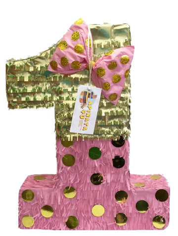 Apinata4U Pink And Gold Number 1 Piñata With Bow, Princess Theme First Birthday Decorations, Pink & Gold Party Supplies, Kids Party Favor For Birthday Celebration, Girls Birthday, 20 X 16 X 4 Inches