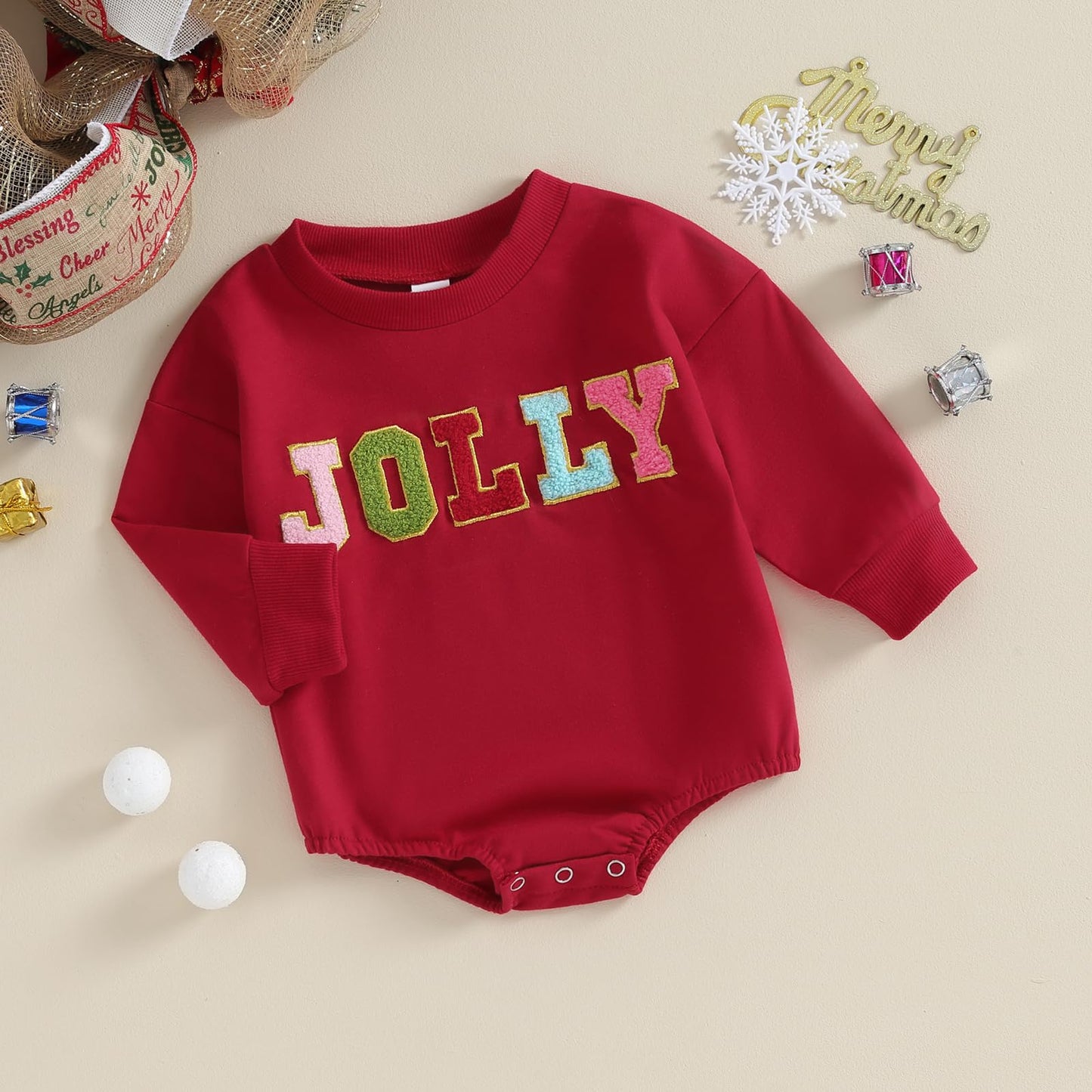 Fybitbo My First Christmas Baby Girl Boy Outfit Sweatshirt Romper Sweater Onesie Long Sleeve Bodysuit Fall Clothes (Red Embroidery Jolly,3-6 Months)
