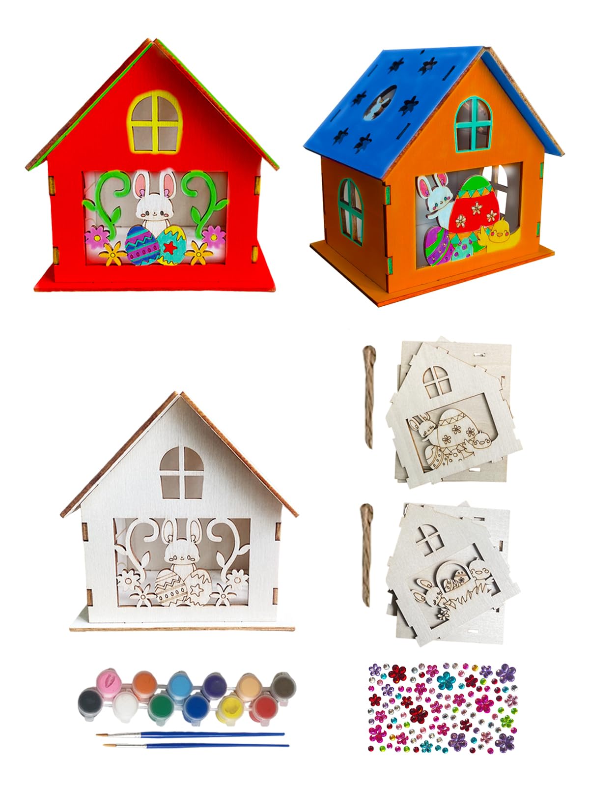 Nsoicrac 2 Pieces Wooden Easter House Craft Kit for Kids DIY Bunny Egg House with, Wood Crafts Art Project Bulk Painting Kits fo