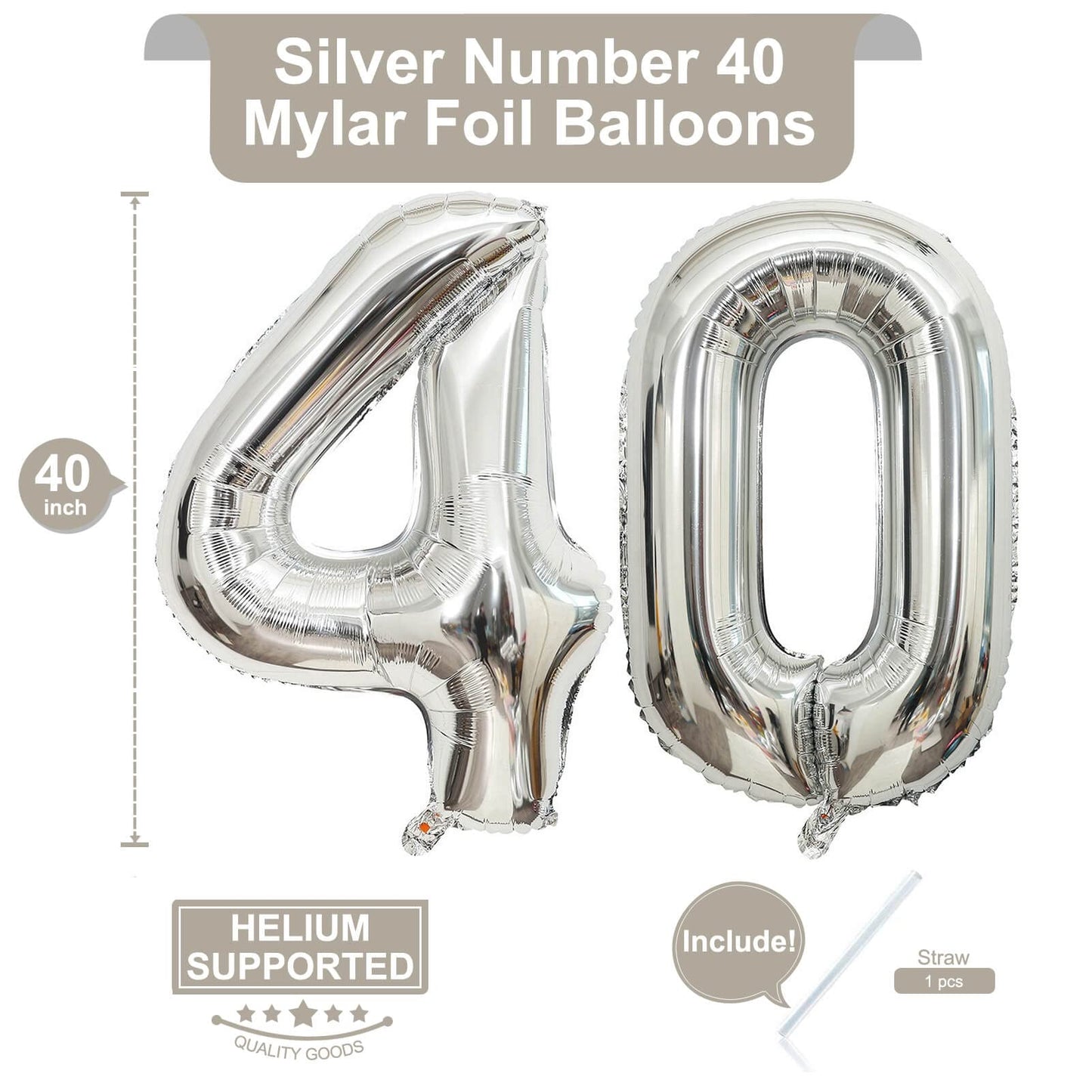 LHOAVWE 40 Inch Silver Foil Mylar Number Balloons, Giant 40th Birthday Party Decorations, Aluminum, Silver Color