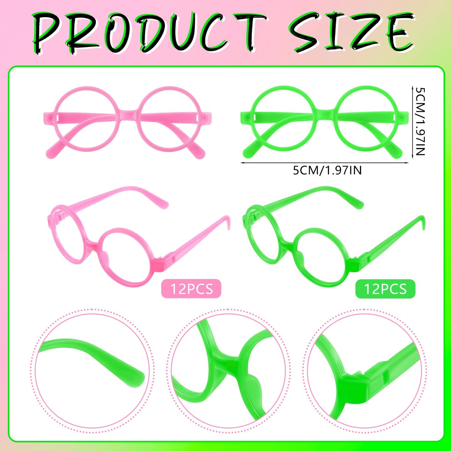 Kingdder 24 Pcs Witch Theme Party Favors Green and Pink Round Glasses Frame Bulk No Lenses Wizard Glasses for Birthday Halloween