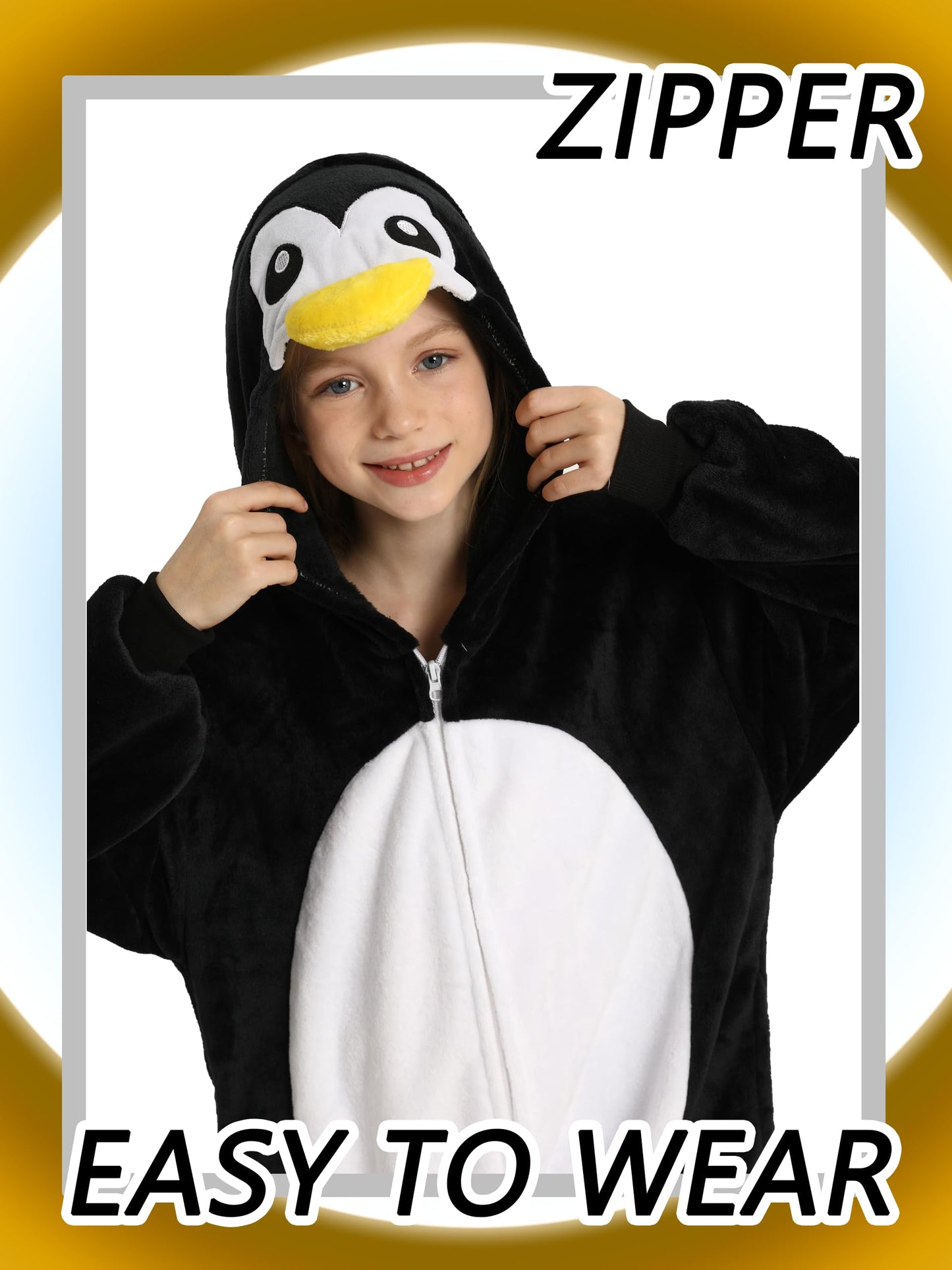 Lonulain Unisex Kids Animal Oneise Pajamas, Boys Girls Flannel Hooded Halloween Cosplay Costume/Homewear/Sleepwear (Penguin,11-1