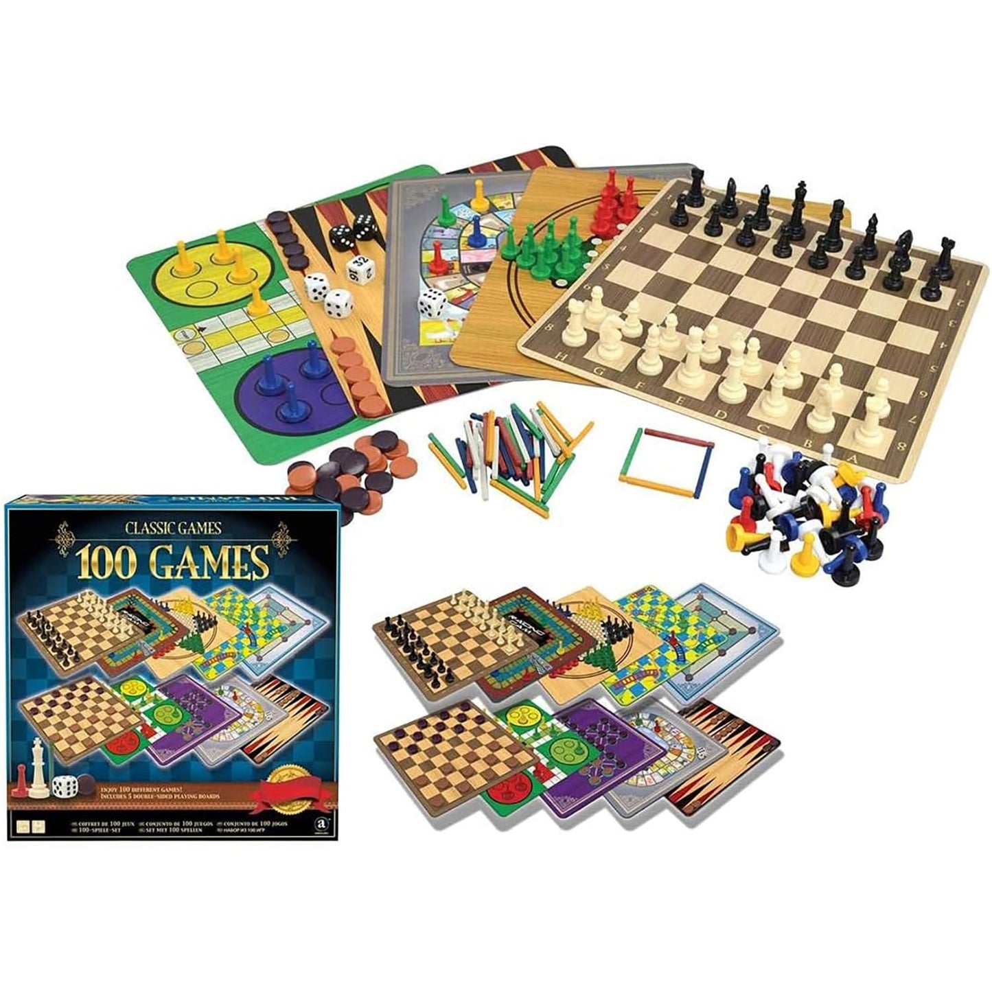 Merchant Ambassador Classic Games Set - 100 Games, 5 Double-Sided Boards, Fun for Ages 3+, Cardstock Material