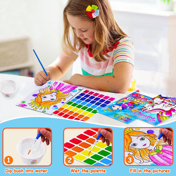 Junqiu 4Pack Water Color Paint Sets For Kids, Watercolor Painting Coloring Books For Toddlers, Paint With Water Books For Kids Ages 4-8, Art Craft Kits For Girls Boys Drawing With Brush