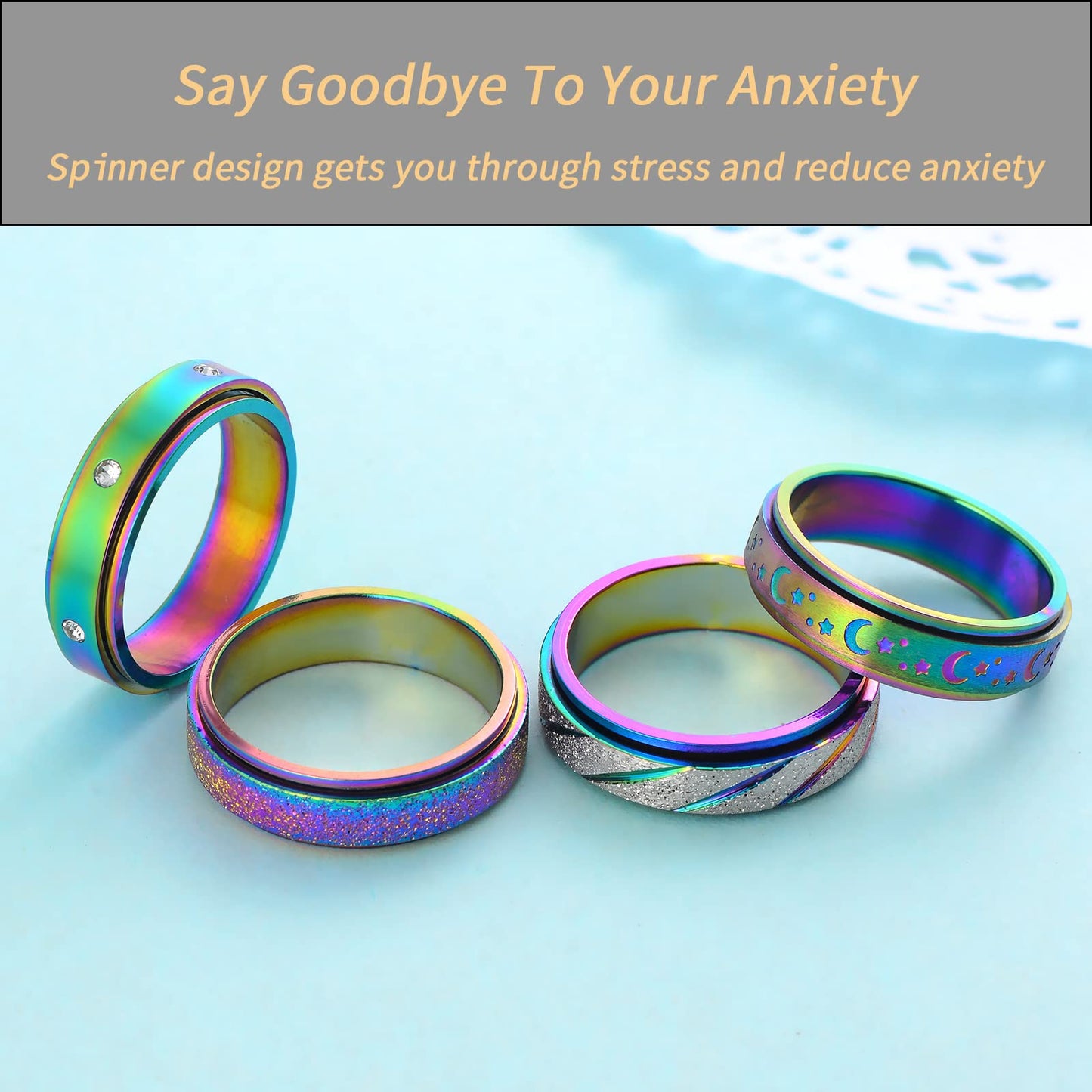 Hothink Anxiety Rings Fidget Rings For Women Spinner Rings For Anxiety 4Pcs 6Mm Rainbow Titanium Steel Rings Size 6-11 (Rainbow