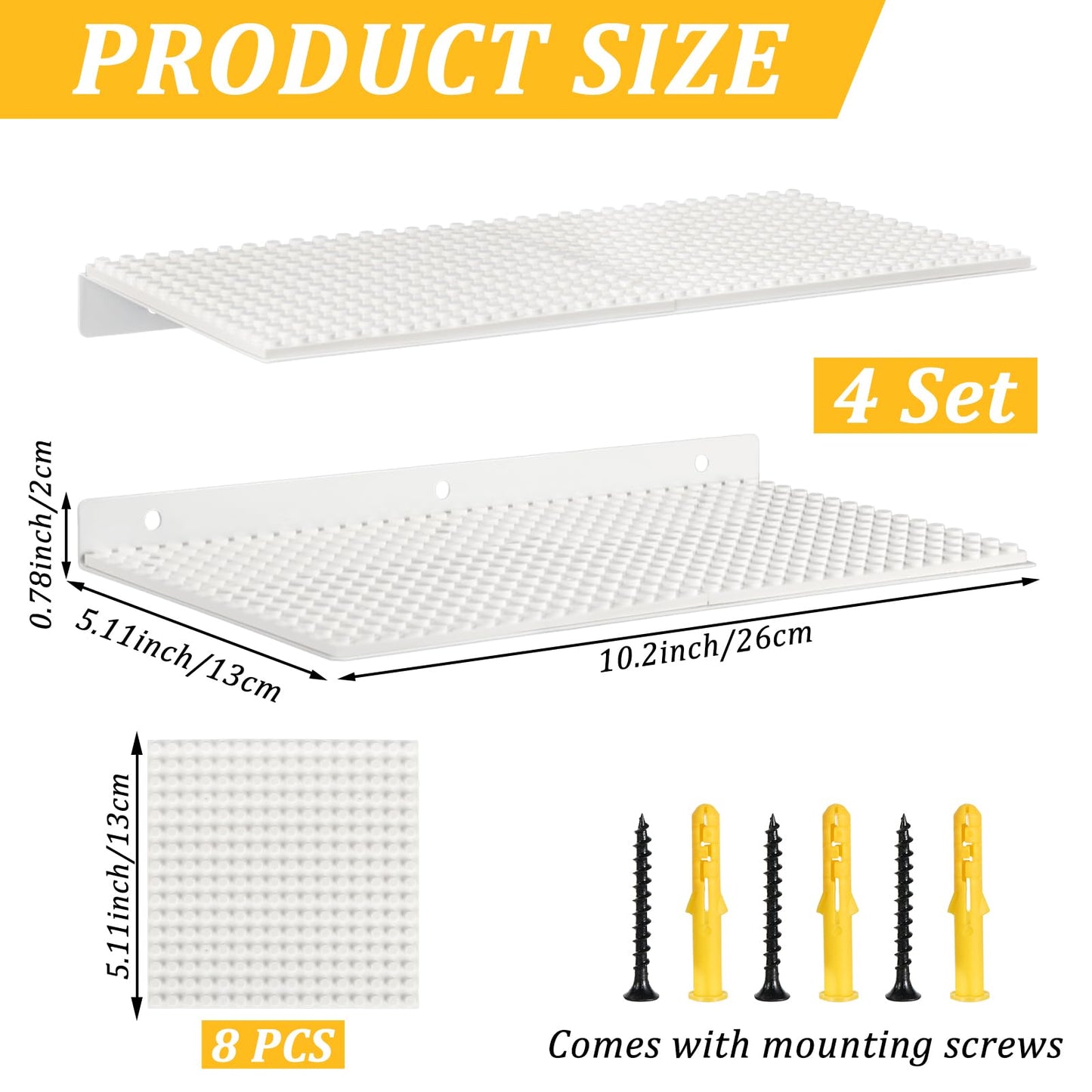 4-Pack Display Shelves for Building Bricks, Mini Action Figure Display Shelf with Brick Building Baseplate, Metal Floating Magne