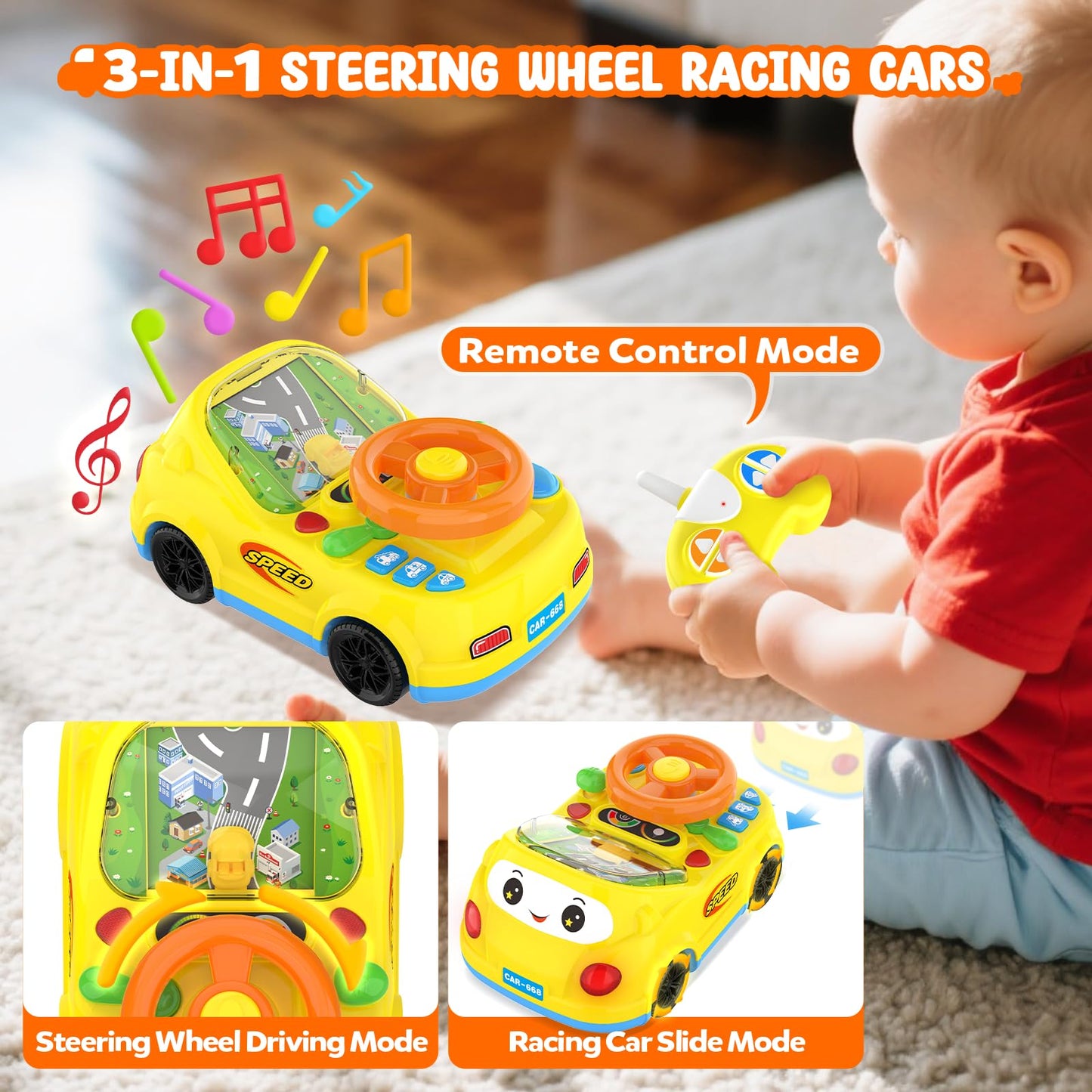 Toys for Boys Ages 2-4 - 3-in-1 Toddler Remote Control & Push Car & Musical Racing Adventure Steering Wheel Driving Game, Intera
