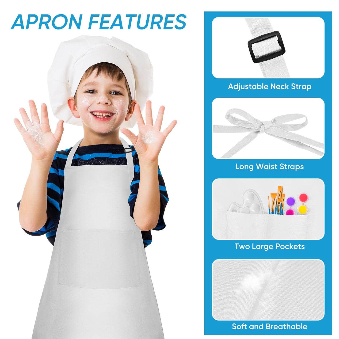 NACHLYNN 20 Pieces Adjustable Kids Apron With 2 Pockets for Painting, Cooking, Baking, Crafts Activity (White)