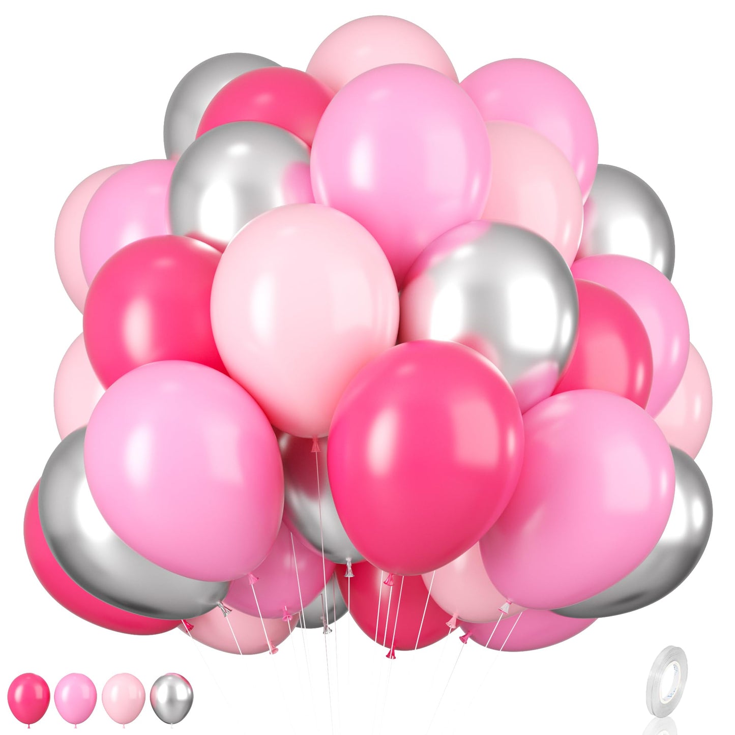 Pink And Silver Balloons, 12 Inch Hot Pink Pastel Pink Latex Balloon Metallic Chrome Silver Helium Balloons For Girls Women Brid