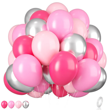 Pink And Silver Balloons, 12 Inch Hot Pink Pastel Pink Latex Balloon Metallic Chrome Silver Helium Balloons For Girls Women Brid