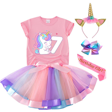 Tutu And Sian Unicorn Birthday Outfit For Girls - Unicorn Shirt, Tutu Skirt Dress, Birthday Girl Crown, Hair Bow & Satin Sash (Unicorn 7Y, 7 Years)