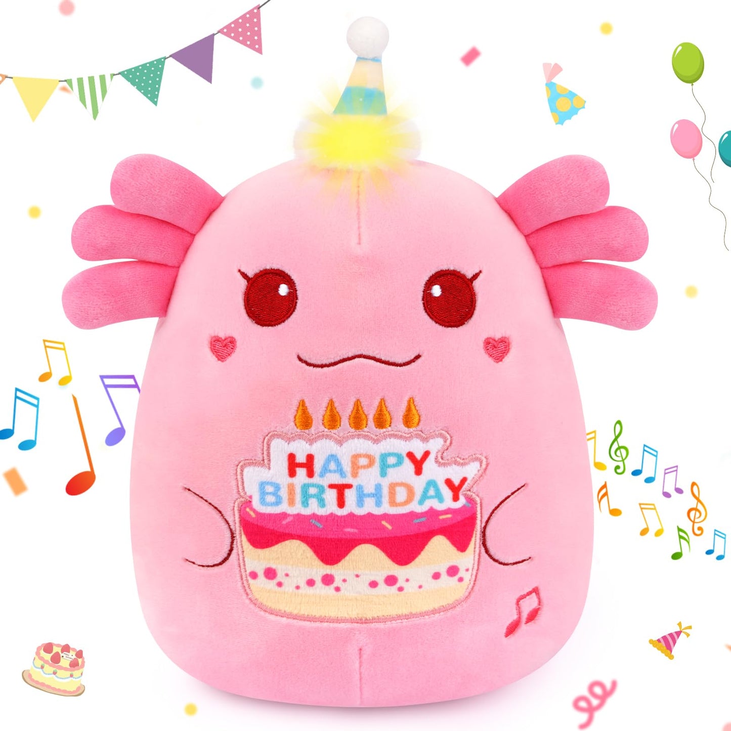 Prewplam Axolotl Birthday Plush Happy Birthday Singing & Glowing Axolotl Stuffed Animal Toy Gifts Party Decoration for Kids Boys Girls
